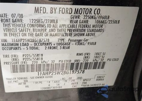 2008 Ford Taurus Limited from USA, damaged, VIN 1FAHP25W28G187578